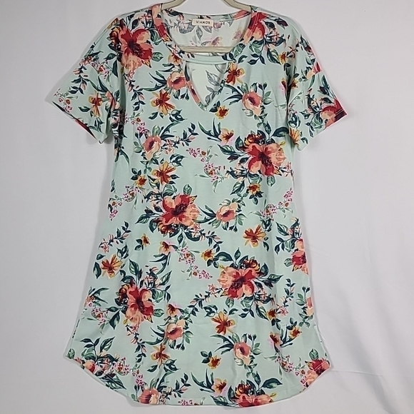 NEW Viamor Women's Mint Watercolor Floral Short Sleeve Dress w/ Pockets Sz M - Picture 1 of 9